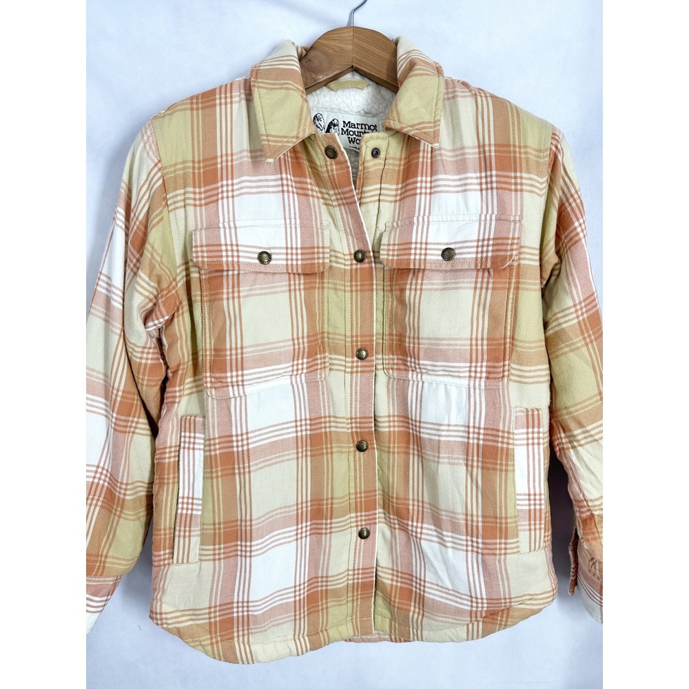 Marmot Ridgefield Sherpa Lined Plaid Light Orange Flannel Jacket Womens Size XS - Picture 2 of 16